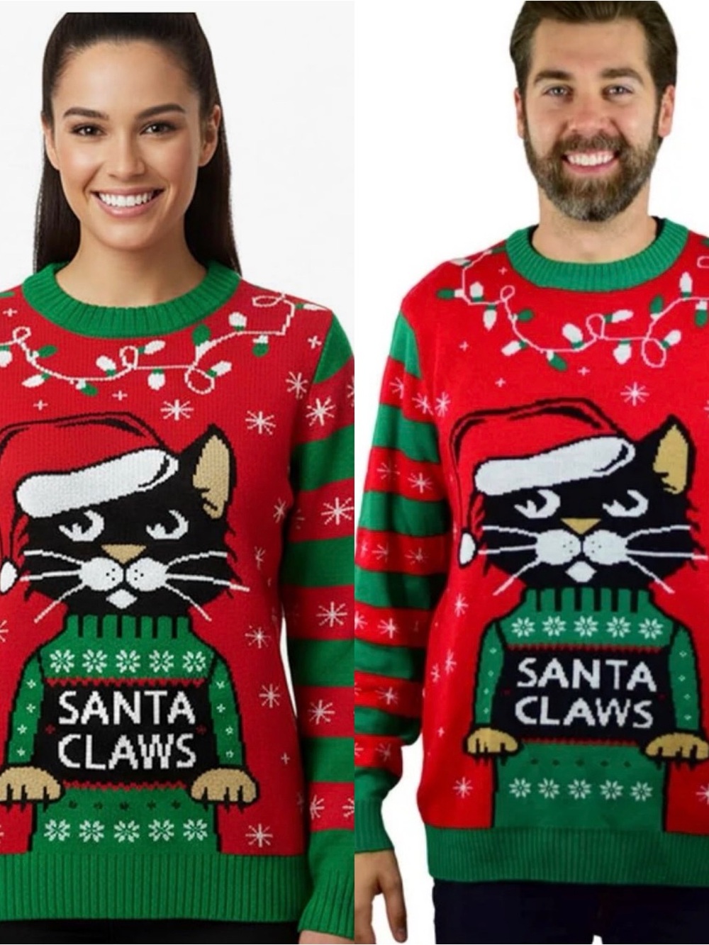 NWOT Tstars unisex red and green knitted "Santa Claws" Christmas cat sweater. M